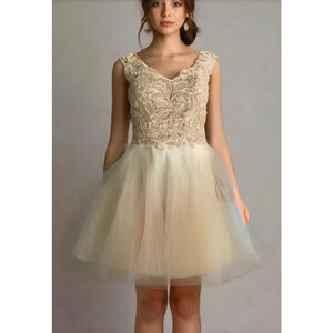 Ed Young Woman's Dress Bodice Size L Beige Gold Beading Detail Babydoll Girlhood